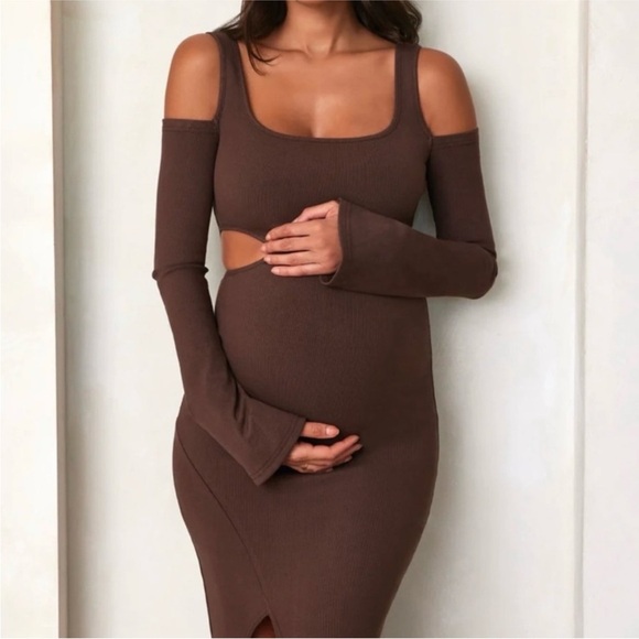 Bumpsuit The Sculpting Rib Long Sleeve Cut-Out Brown Maxi Dress M - Picture 2 of 12